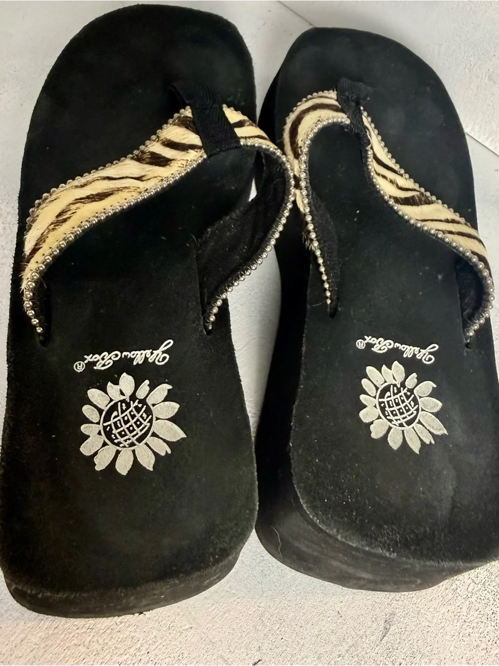 Yellow Box Black Platform Flip Flops with Tiger-Print Straps